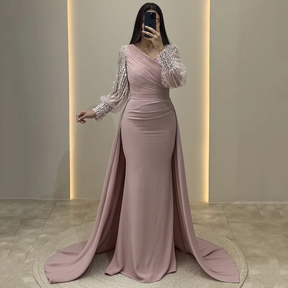 أزياء مساء اللباس مخصص الخامس الرقبة نفخة الأكمام مطرزة اللؤلؤ حورية البحر فستان حفلات قطار للانفصال Fساتين سهلات #1