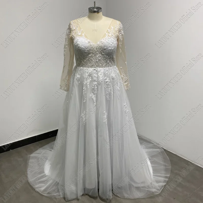 LAYOUT NICEB Vintage Long Sleeve Wedding Dress Lace Appliques Robe De Mariée Illusion Back With Button Custom Made Sweep Train