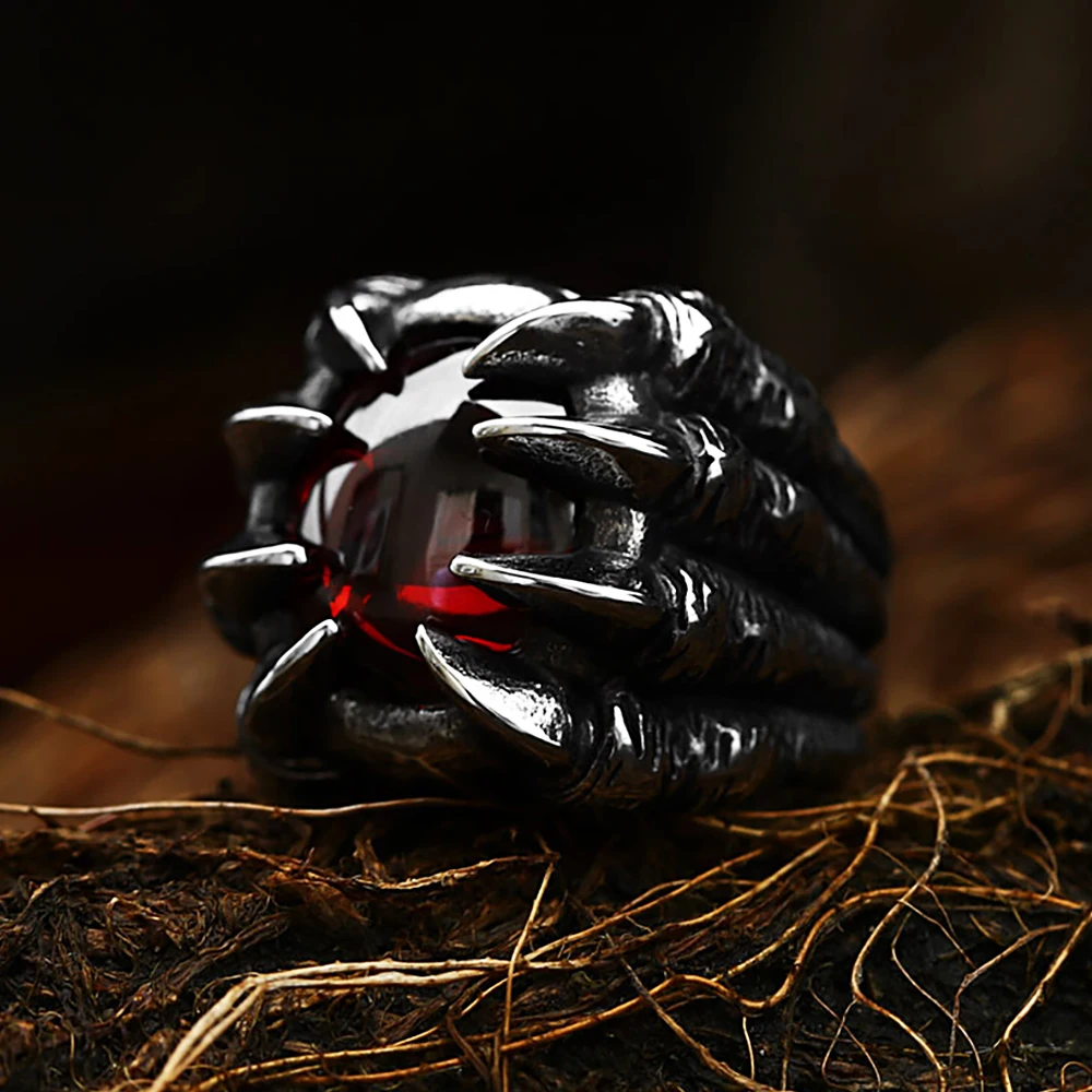 Vintage Dragon Claw Red/Black Stone Stainless Steel Ring For Men Women Punk Rock Natural Stone Rings Jewelry Gift Wholesale