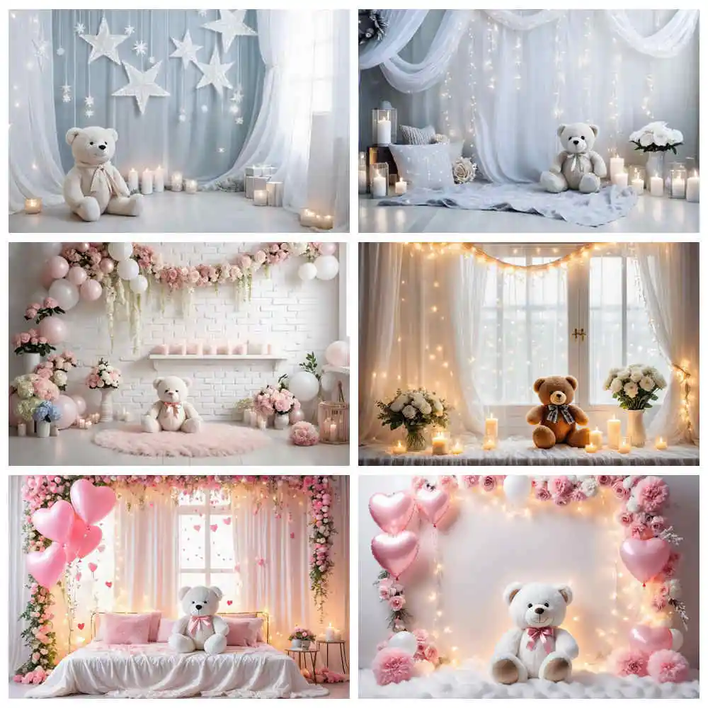 

MOON.QG Deco Birthday Party 1 Year Backdrop Teddy Bear Flower Balloon Photo Background Children's Window Curtain Shooting Props