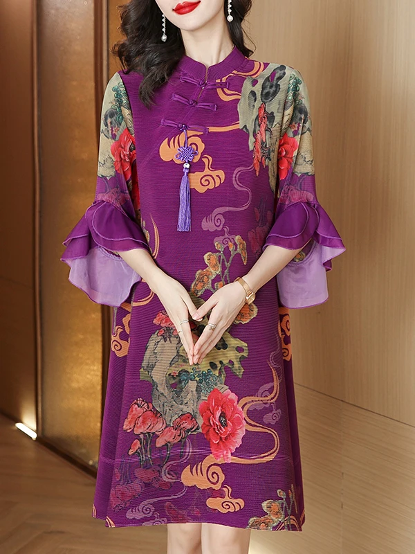 

Chinese Sle Pleated Loose Printed Dr Retro A-Line Skirt Midi Dr for Mom Autumn New Faion Large Size Polyester Fiber