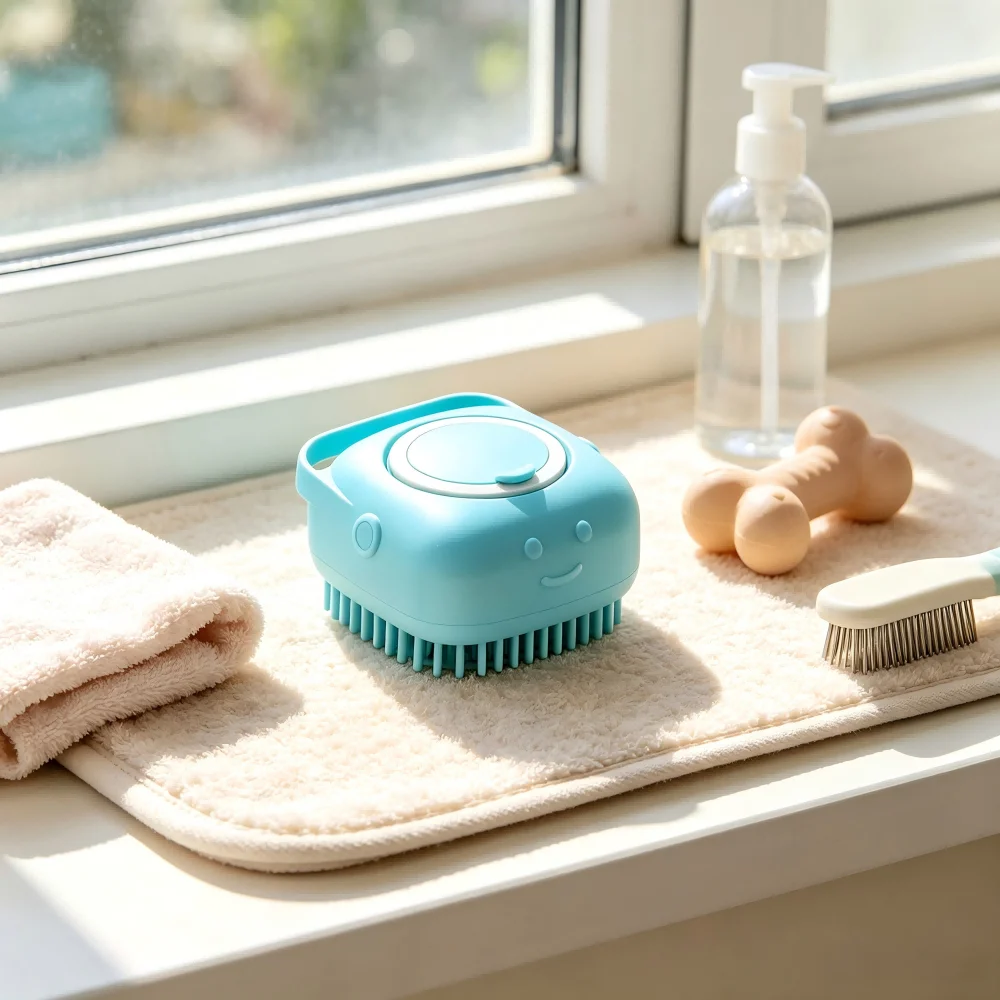 2PCS Pet Bath Brush with Shampoo Dispenser – Soft Silicone Massage Brush, Rich Foam & Gentle Deep Cleaning for Dogs and Cats