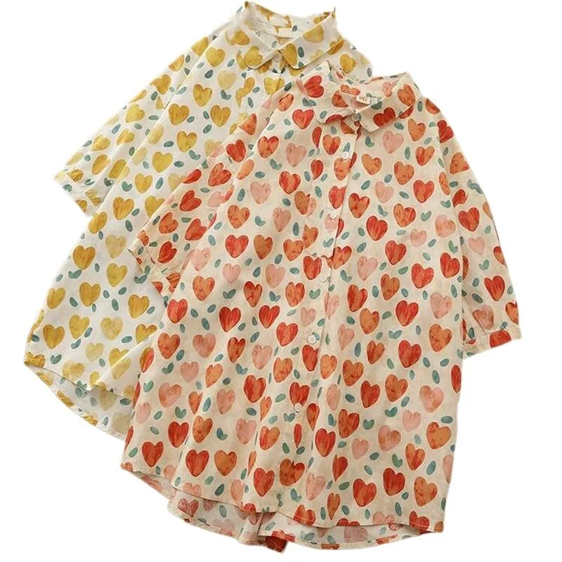 

Summer News Women Blue Cotton Yarn Blouse Red heart Print half Sleeve Lady Tops Casual Female oversize shirt Spring