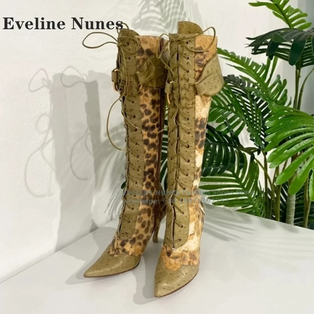 Leopard Cross Tied Patchwork Knee-High Boots Pointed Thin Heels Zipper Closure Sexy Runway Show Modern Booties Spicy Girl Newest
