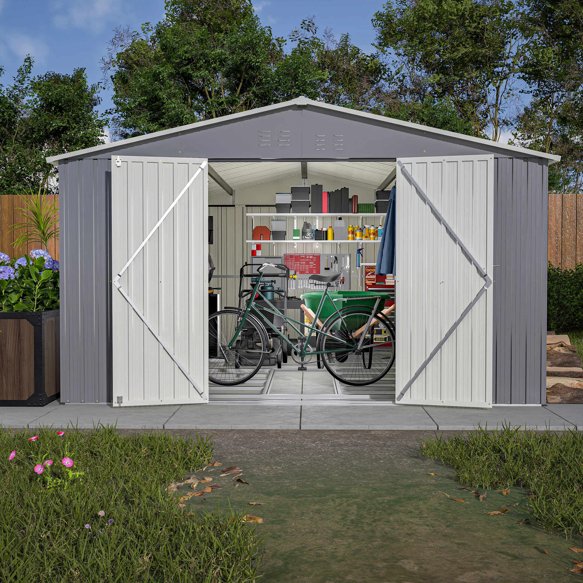 11'×13.5'×6.7' Weatherproof Metal Shed With Sloped Roof, Lockable Double Doors, Rust & Water Resistant Durable Storage For Yard Tools, Bikes, And Lawn Equipment