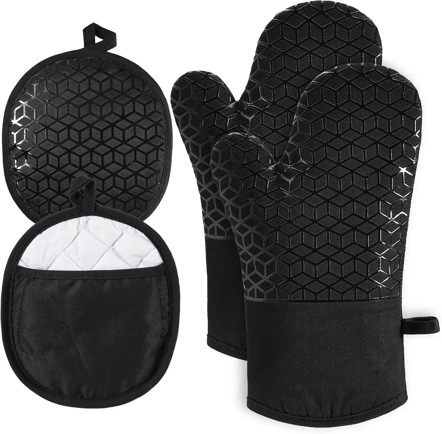 

Oven Mitts and Pot Holders,500 ℉ Heat Resistant Oven Mitts Sets,Silicone Oven Gloves, Non-Slip Silicone Textured Grip,Black
