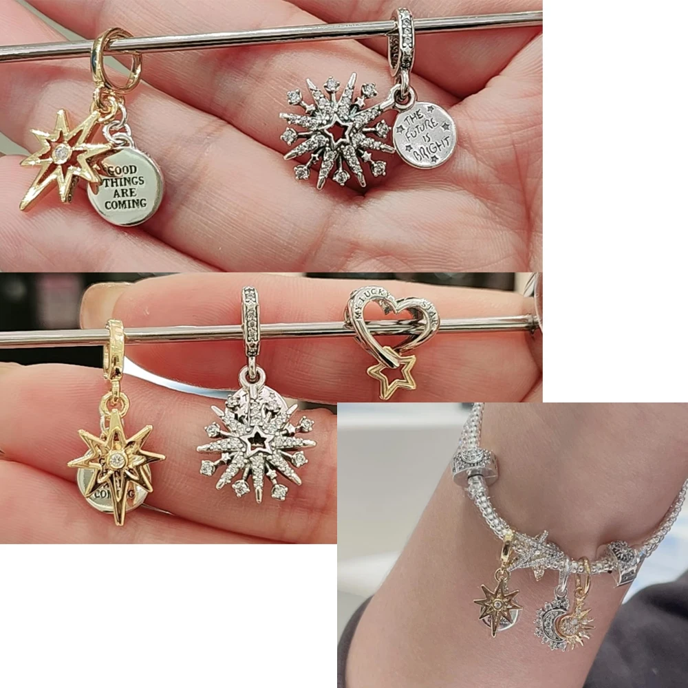 Classic 925 Sterling Silver Heart Shaped&Sun Moon Combination&Angel&Octagonal Star Pendant Fit Brand Bracelet Mom's Gift Jewelry