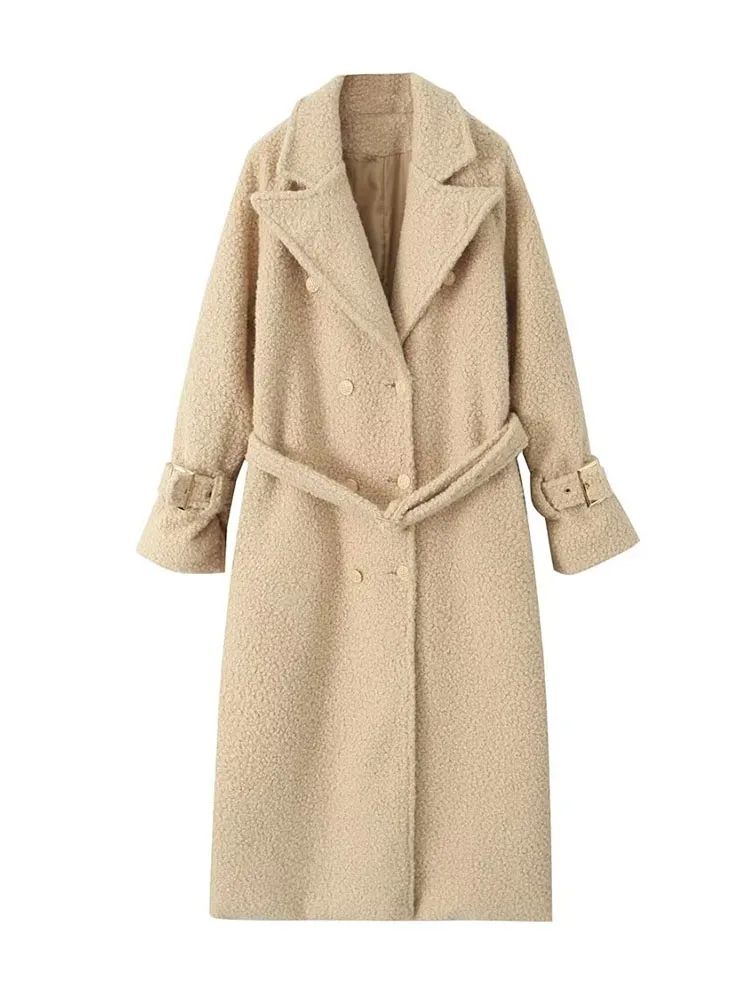 

HH New Woman Winter Fashion Solid Color Long Sleeves Double Breasted Belt Decoration Long Coat Female Casual Commuting Long Coat