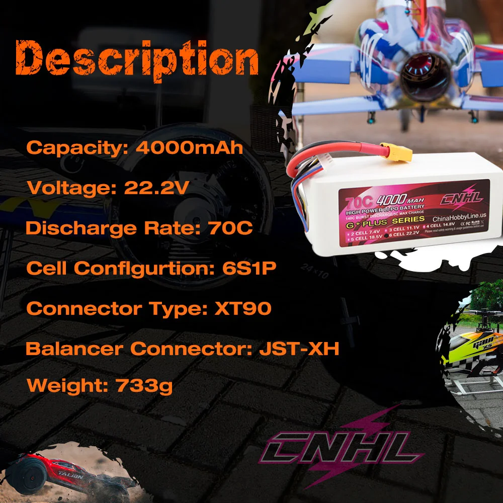 CNHL 6S 22.2V Lipo Battery 4000mAh 70C With XT90 Plug For RC Car Racing Boat Speedrun Drag Truck Buggy Helicopter Airplane Drone