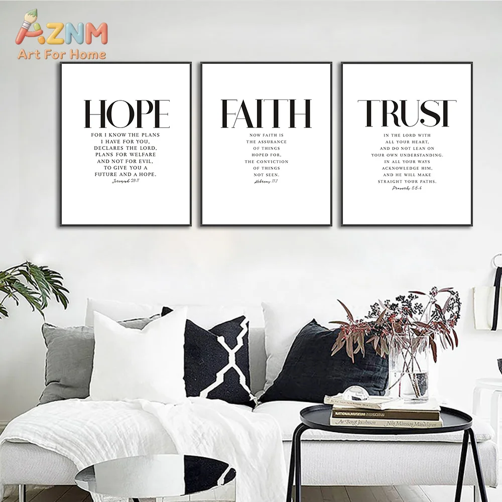 AZNM Faith Hope Joy Peace Grace Trust Bible Verse Canvas Wall Art Minimal Black White Christian Scripture Home Decor Unframed Ca
