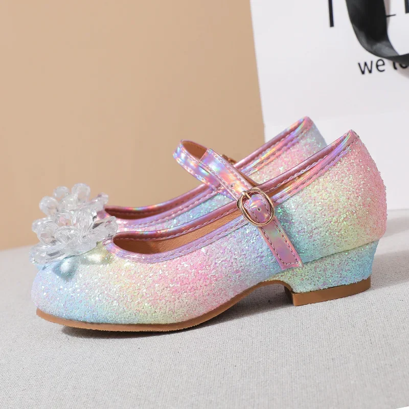 Children Princess Shoes Glitter Performance Shoes for Girl with Heels Fashion Rainbow Kid Rhinestones Wedding Party Leather Shoe