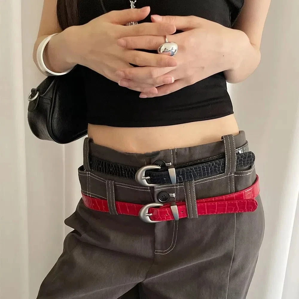Fashionable Crocodile Pattern Women's Belt PU Leather Korean Thin Waist Belt Niche Black Red Dress Jeans Belt For Girls
