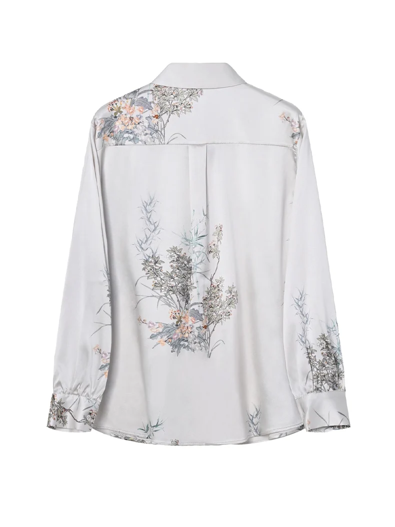 SuyaDream, Woman Floral Shirts, 19.5mm Real Silk, Long Sleeved, Printed Grey Blouses, 2024 Spring Summer Office Lady Top