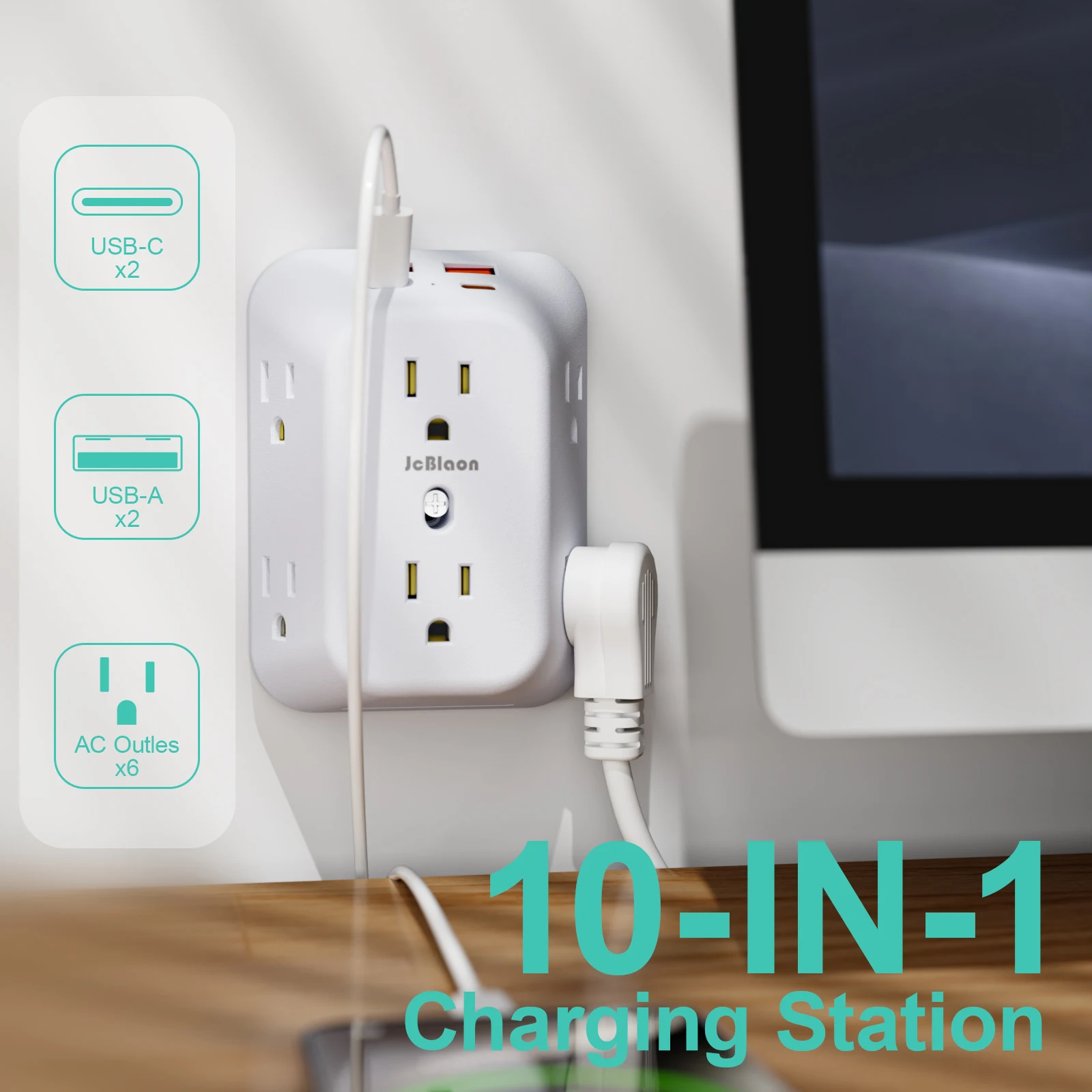Power Strip USB Wall Charger Surge Protector with 6 Outlet Extender 4 USB Charging Ports (2A2C) , Wall Adapter Spaced for Home - view 2