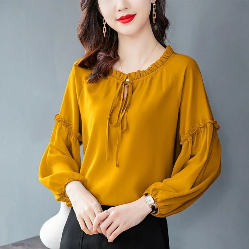 

Elegant Ruffled Neck Chiffon Oversized Lantern Sleeve Lace Up Bow Blouse Women's Clothing Autumn Casual Tops Loose Commute Shirt