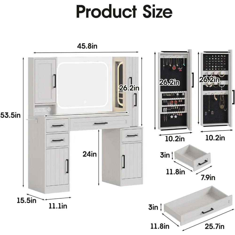 슬라이딩 보석 선반이 있는 조명 거울 화장대와 4개의 서랍, 대형 메이크업 스테이션
