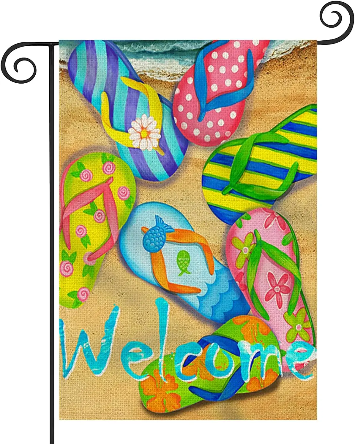 Double Sided Garden Flag Beachy Colorful Flip Flops Summer Beach Welcome Decorative Garden Flags Vertical Banner Yard Lawn Outdo