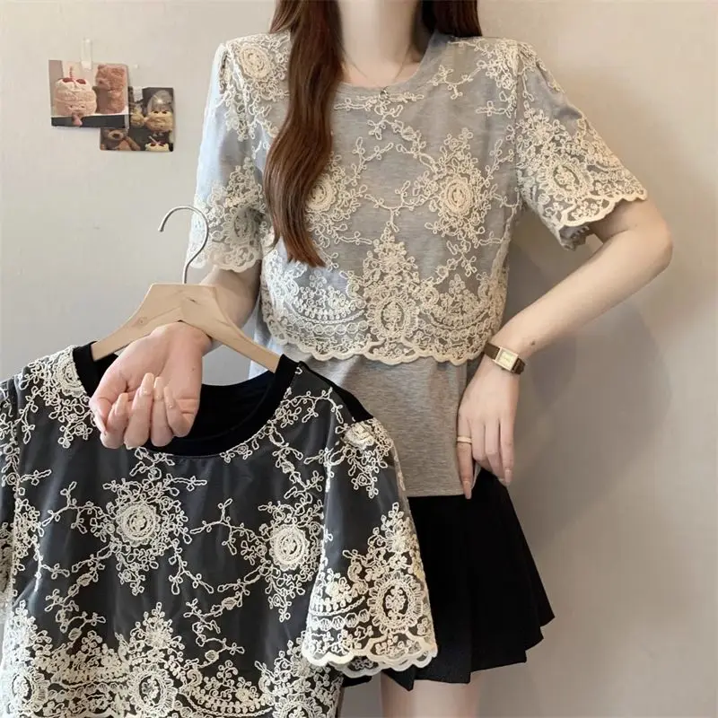 Coreano Sle Lace Splice ey ort Sve T-shirt da donna Estate New Faion Top dimagrante Traspirante Umidità ng