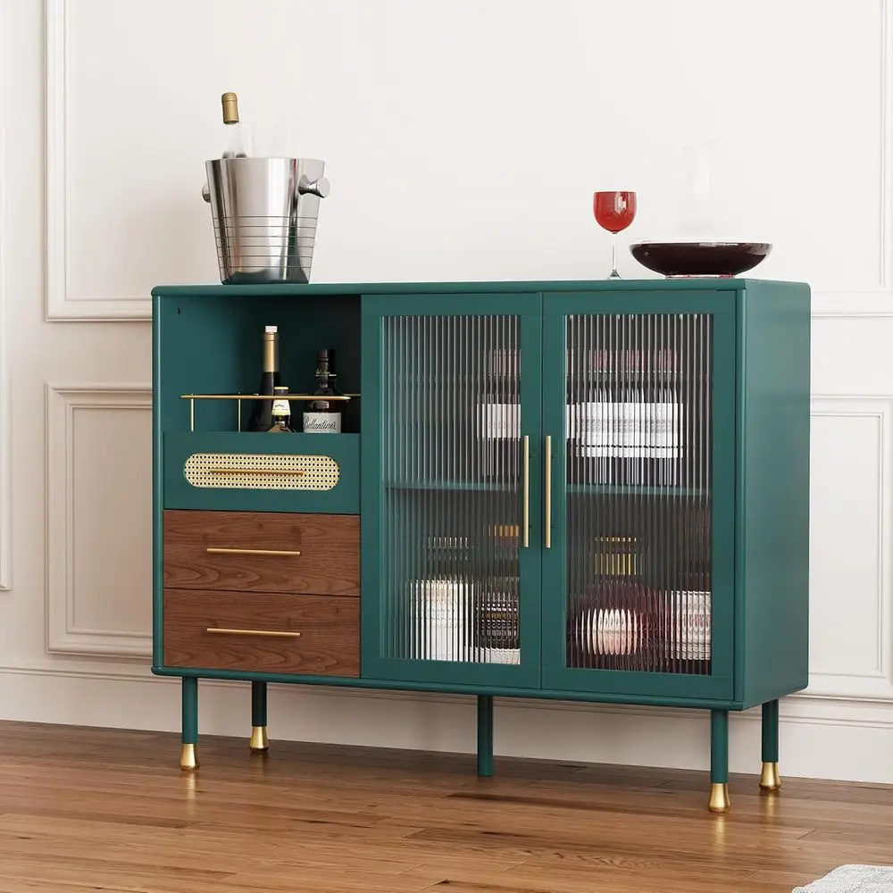 48 Green Coffee Bar Cabinet with Wine Racks and Drawers, Expandable Sideboard for Bar Cart, Kitchen, Dining, Living Room