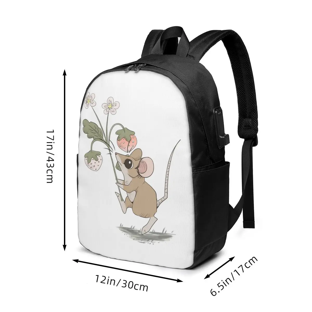 Cartoon Rat With Flower Watercolor Art Backpack Travel Notebook Bag Computer College Student School Bag Laptop Shoulder Bags