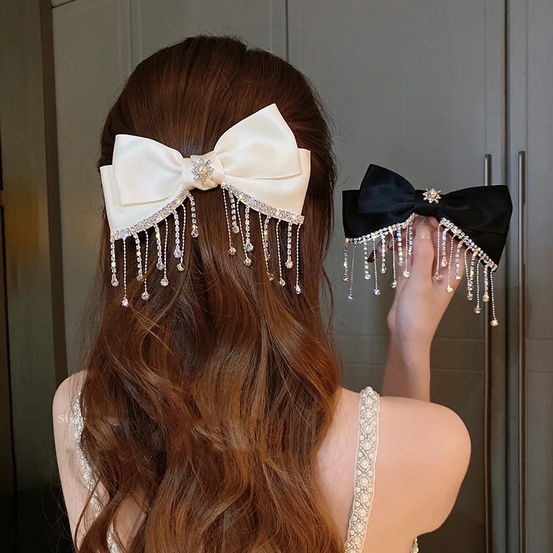 South Korea Crystal Tassel Hair Bow Hairpins Spring Clips Women Boutique Pin Hair Accessories Headdress Wholesale Price Bow-knot