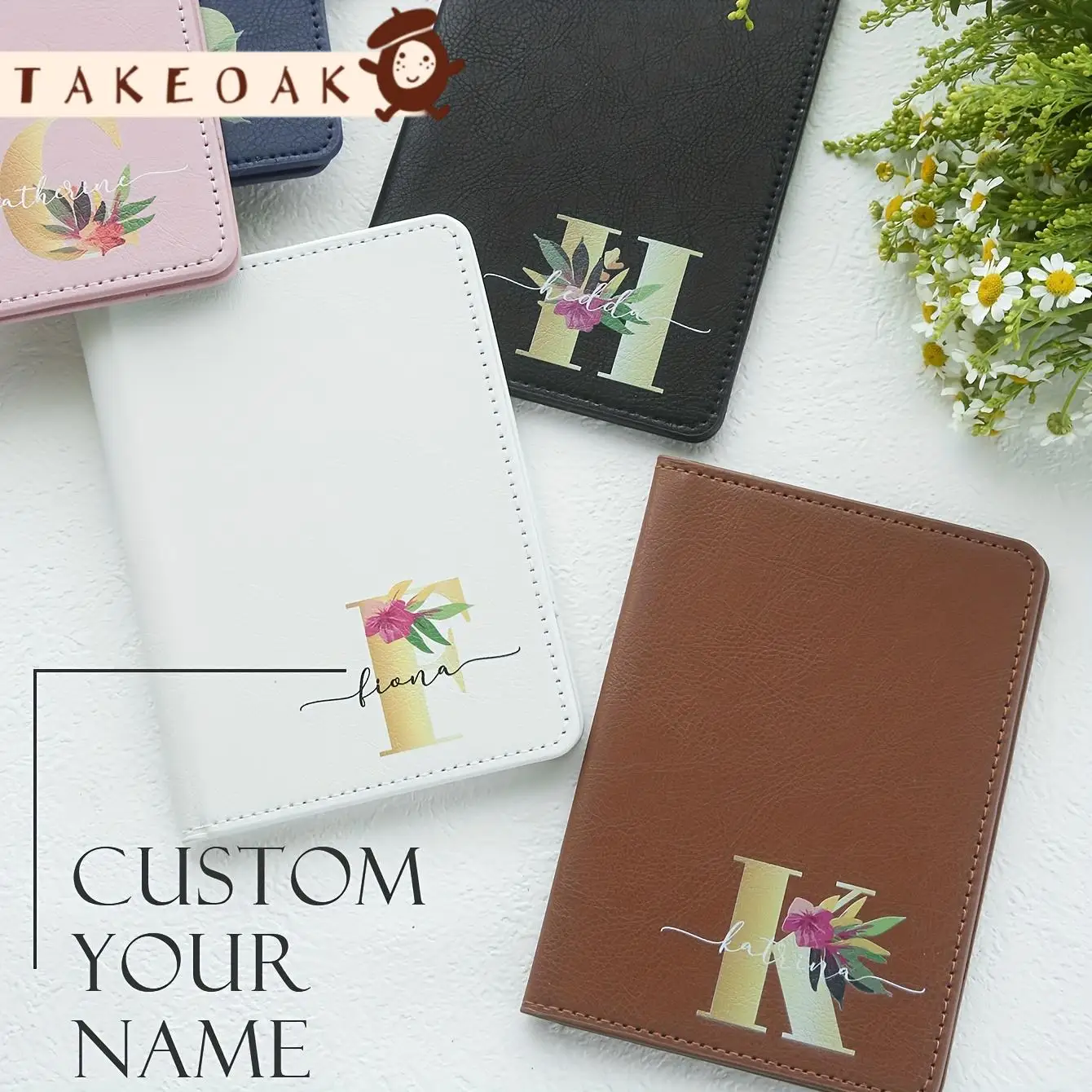 Personalized Custom Floral Gold Monogram Initial & Cursive Name Leather Passport Wallet Watercolor Print Custom Monogram Gifts