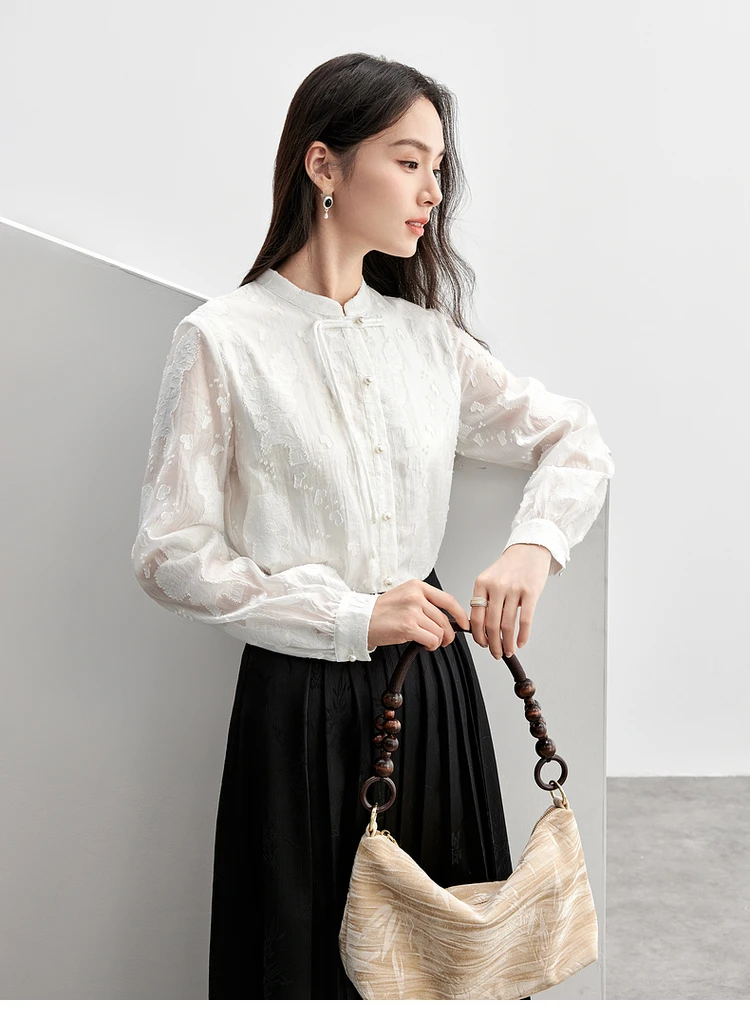 SENTUBILA Jacquard Women Shirt 2025 Spring Elegant Chineae Style Straight Stand Neck Long Sleeve Chic Pearl Button Top 151C57835