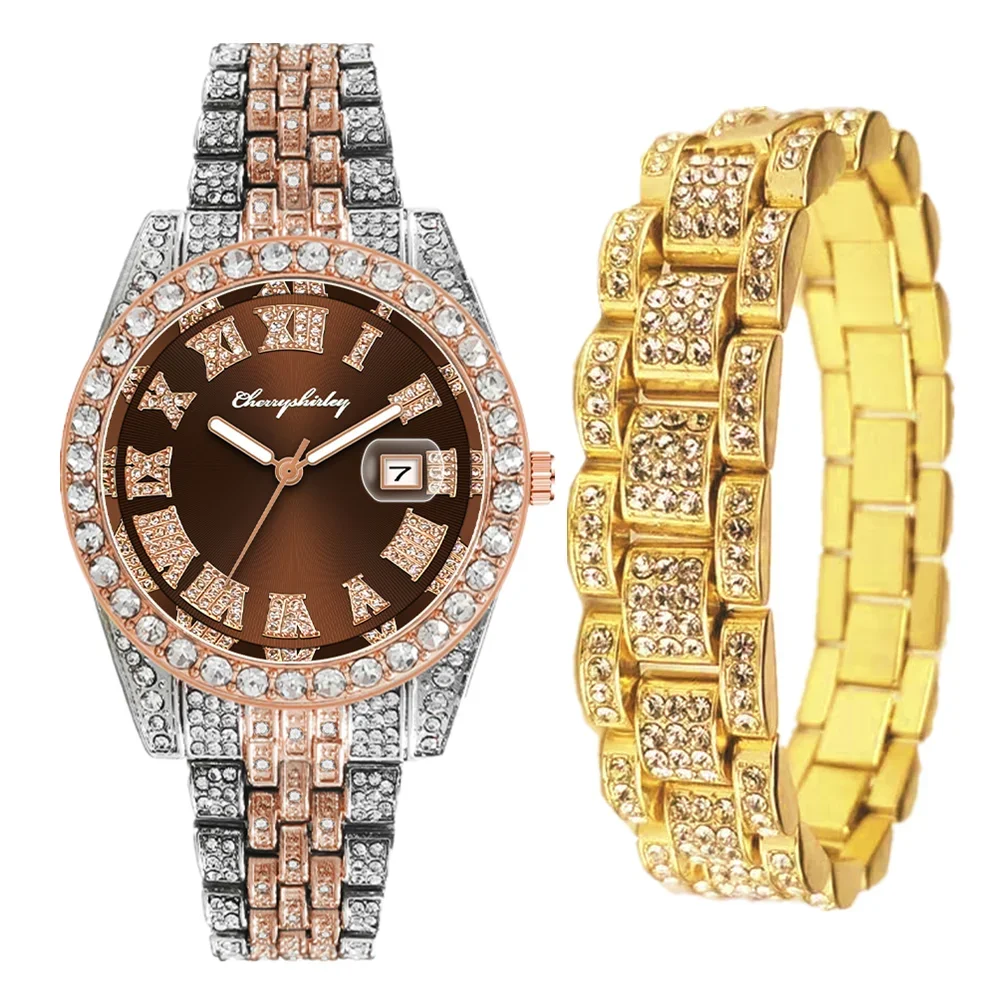 2pcs Top Brand Full Iced Out Watches Mens Bracelet Bling Jewelry Male Golden Diamond Hip Hop Wristwatch Set Clocks Gifts Reloj