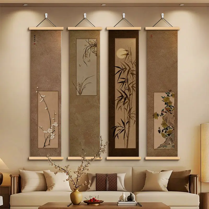 Four Gentlemen Scroll, Chinese Style Long Vertical Wall Art, Song Dynasty Aesthetic Painting for Living Room, Study & Tea Room
