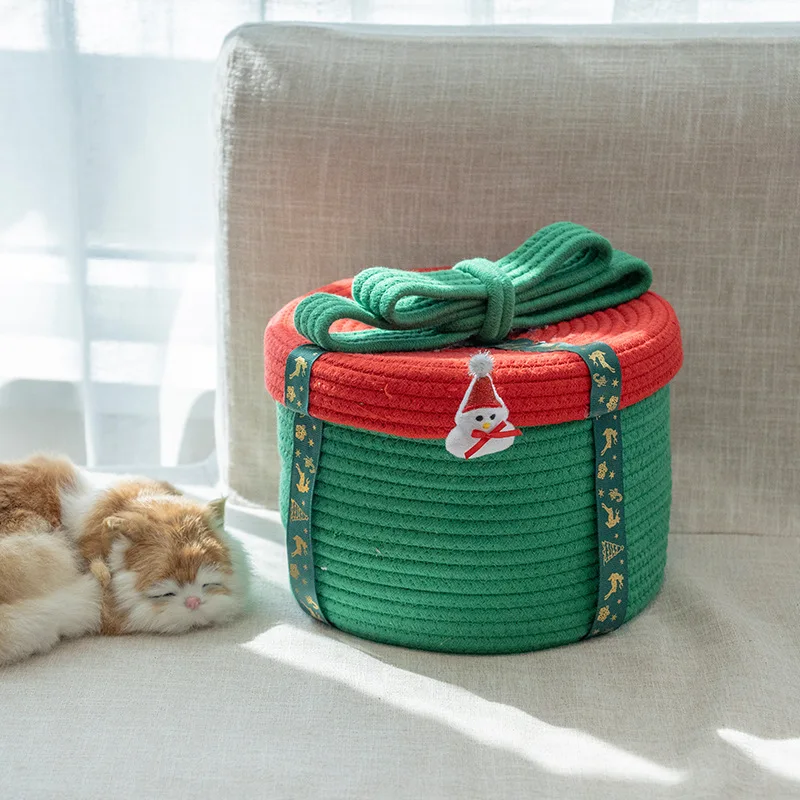 

Christmas Round Cotton Rope Woven Storage Basket Home Decoration Creative Bow Desktop Toy Storage Basket Sundries Storage Basket