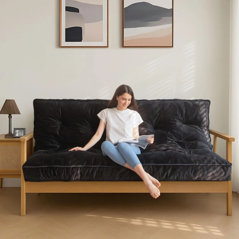 

6" Full Size Futon Mattress (Black) – Velvet Thick, Shredded Foam Filling, Versatile Floor Sofa Bed for Adults (Frame Not Includ