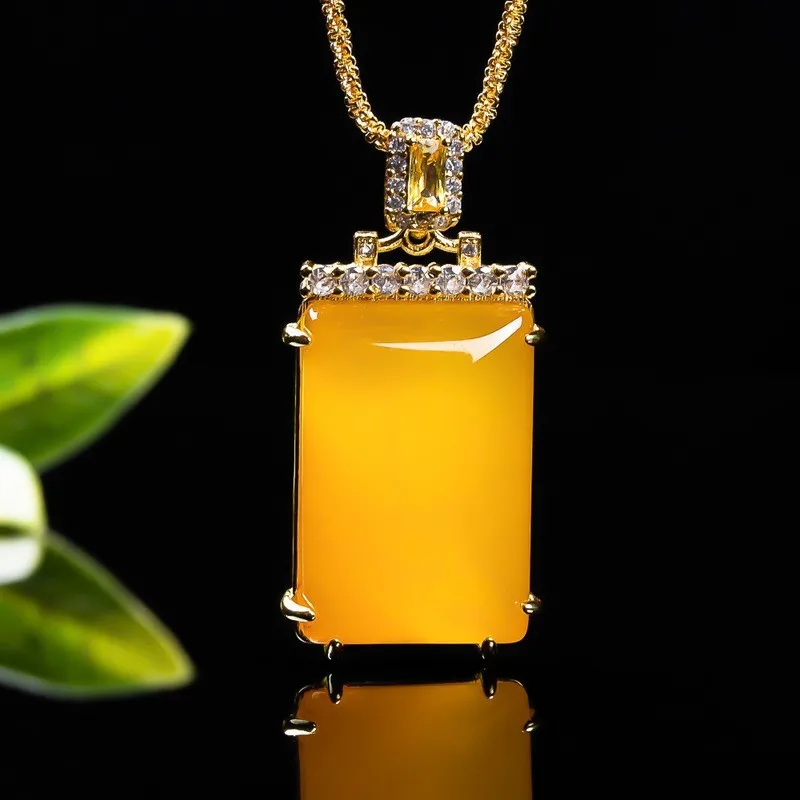 Authentic, fully yellow chalcedony-inlaid pendant with a "peace and safety" charm, designed as a couple's necklace accessory view 2