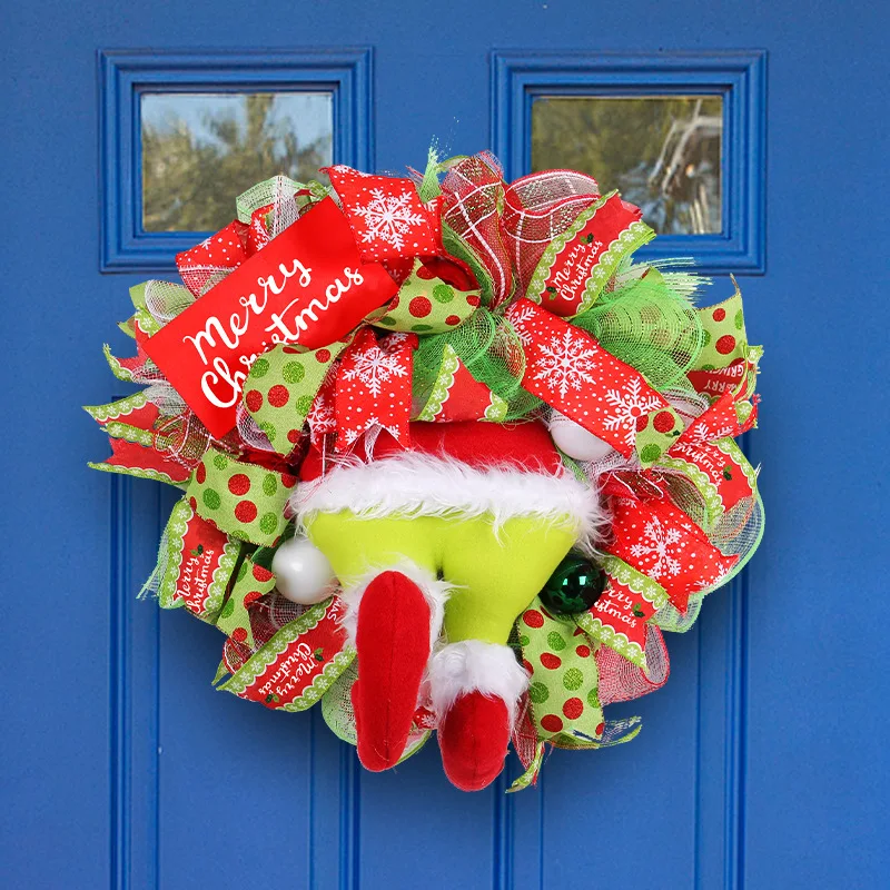 

Grinch leg wreath door hanging 2023 new Christmas New Year decoration green Hairy monster hanging ornaments