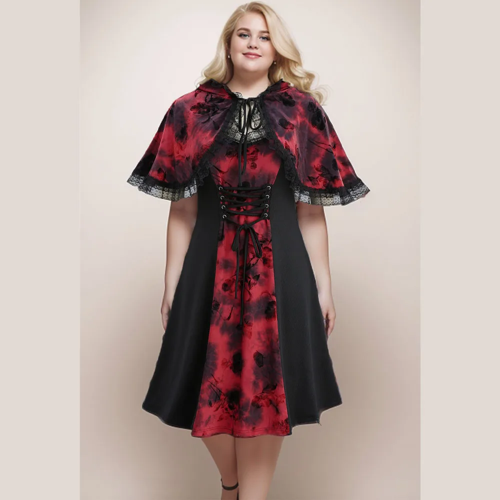 ROSEGAL Sukienki damskie Plus Size z peleryną z kapturem Wiosna Lato Bez rękawów Tie Dye Printed Lace Up Lace-back Dress Hoodie Cloak