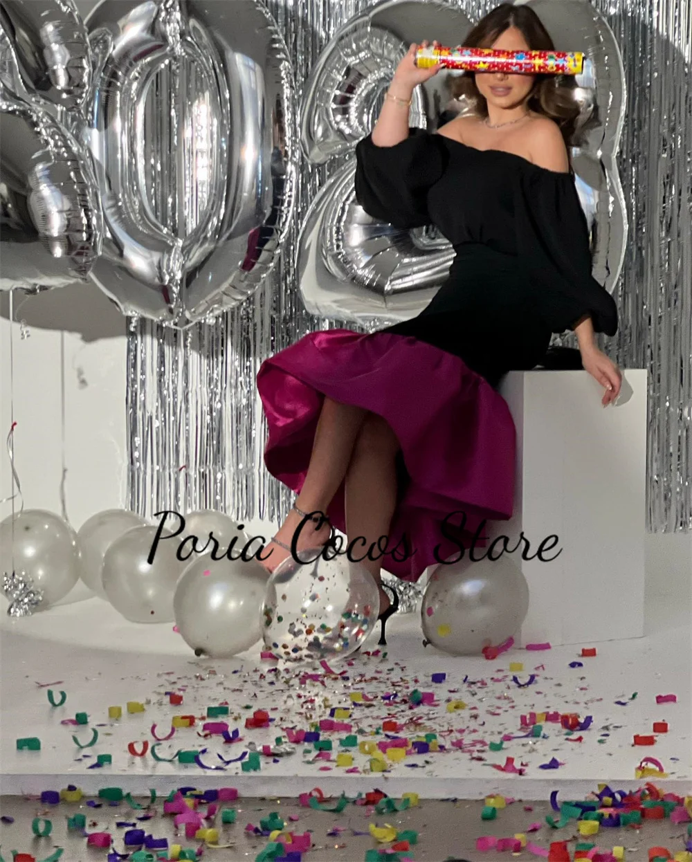 Customized Elegant Tea-Length Birthday Party Dresses Boat Neck Off The Shoulder Patchwork Prom Gown For Women فساتين للحفلات الر