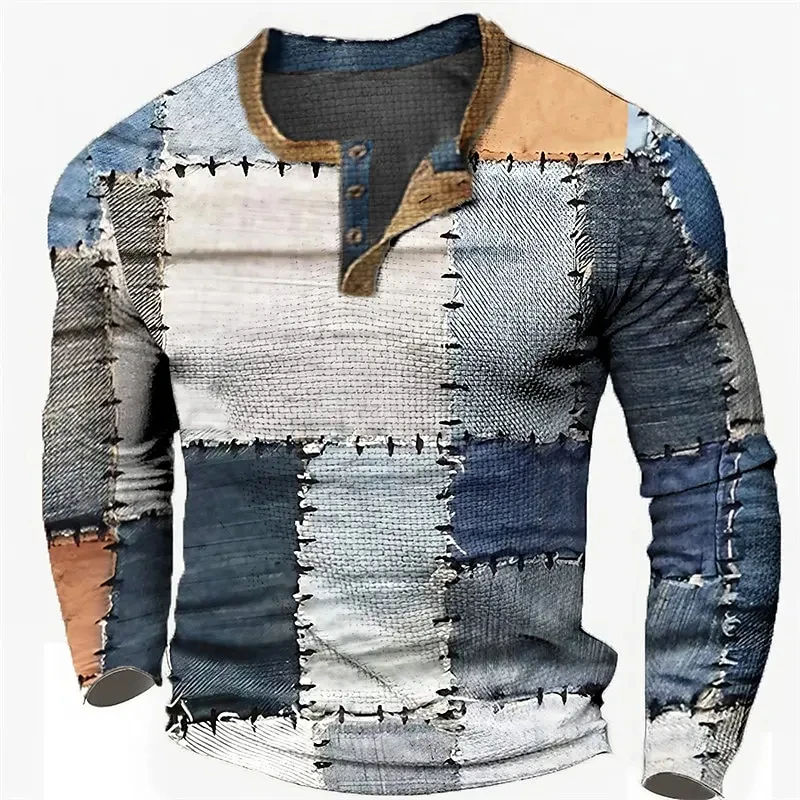 New Color Block Patchwork 3D Printed Henley Shirts Men\'s Fashion Vintage Button-Down Long Sleeve T Shirt Man Tees Tops Clothing
