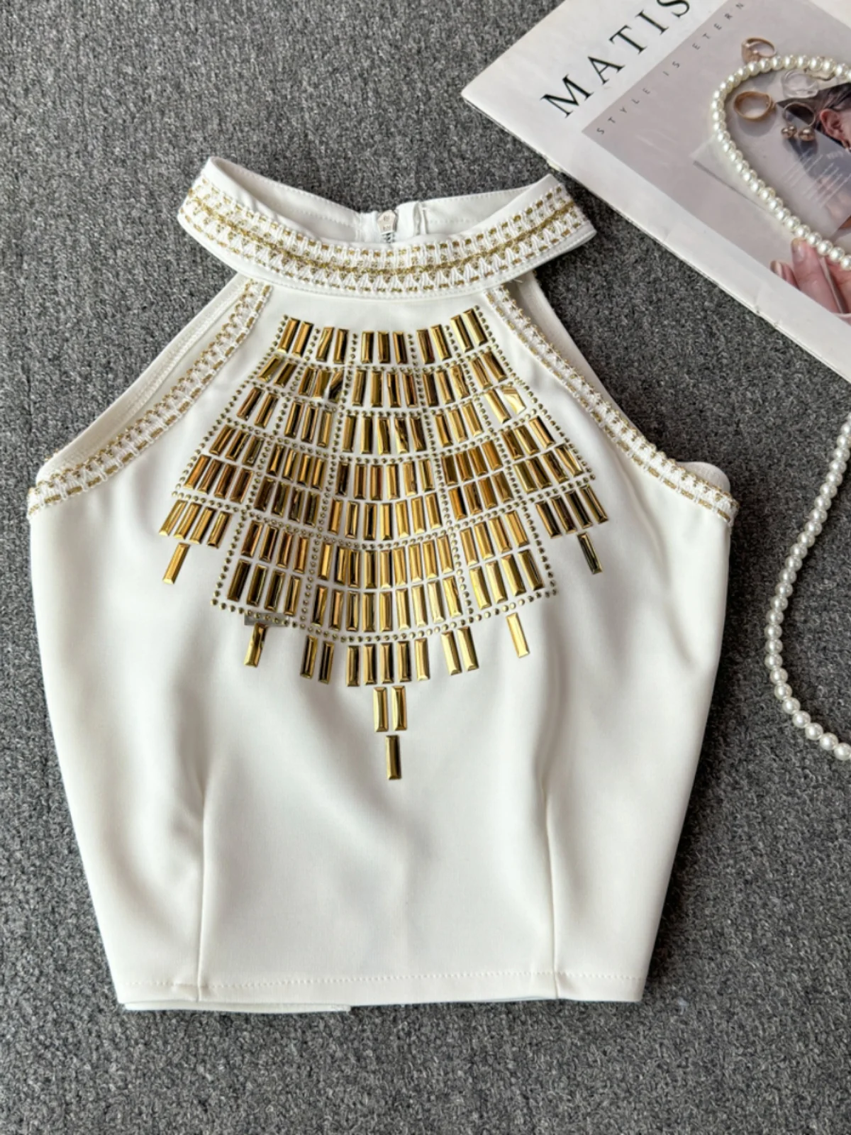 Foamlina Fashion 2025 Summer New Niche Metal Rivet Design Zipper Neck Vest Top for Women Street Shopping Short T-shirt Blouse