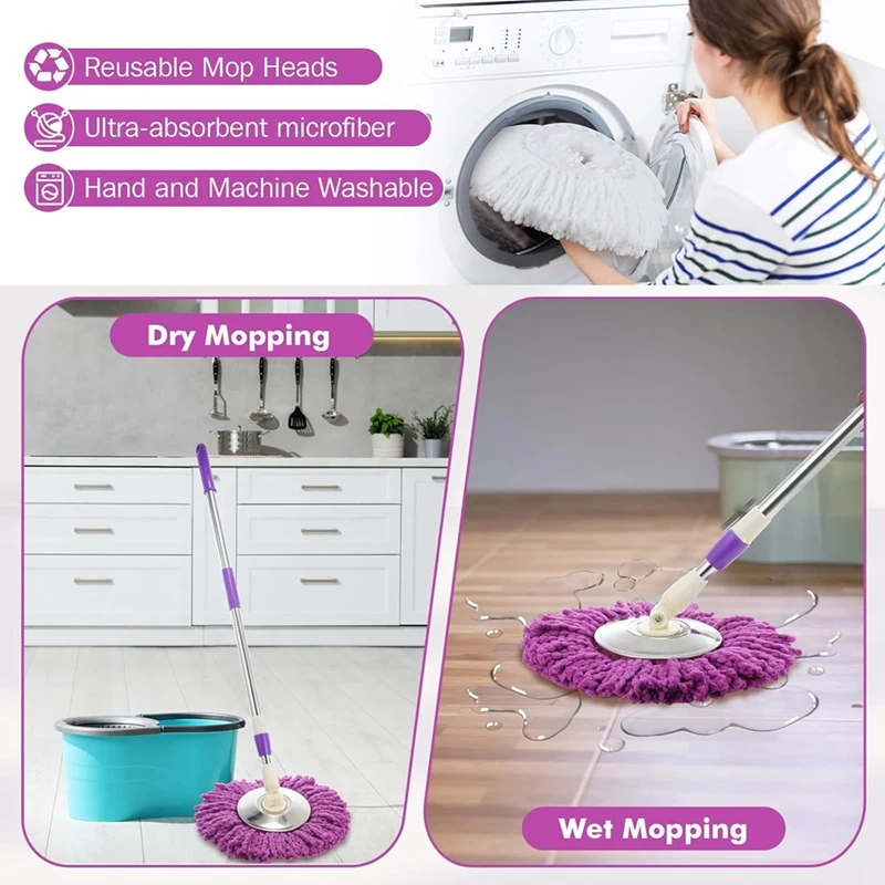 6Pcs Spins Mops Cabeça Substituição Recargas de Cabeça de Microfibra 360 °   Spins Mop Softs lavável à máquina para limpeza de pisos-A68X
