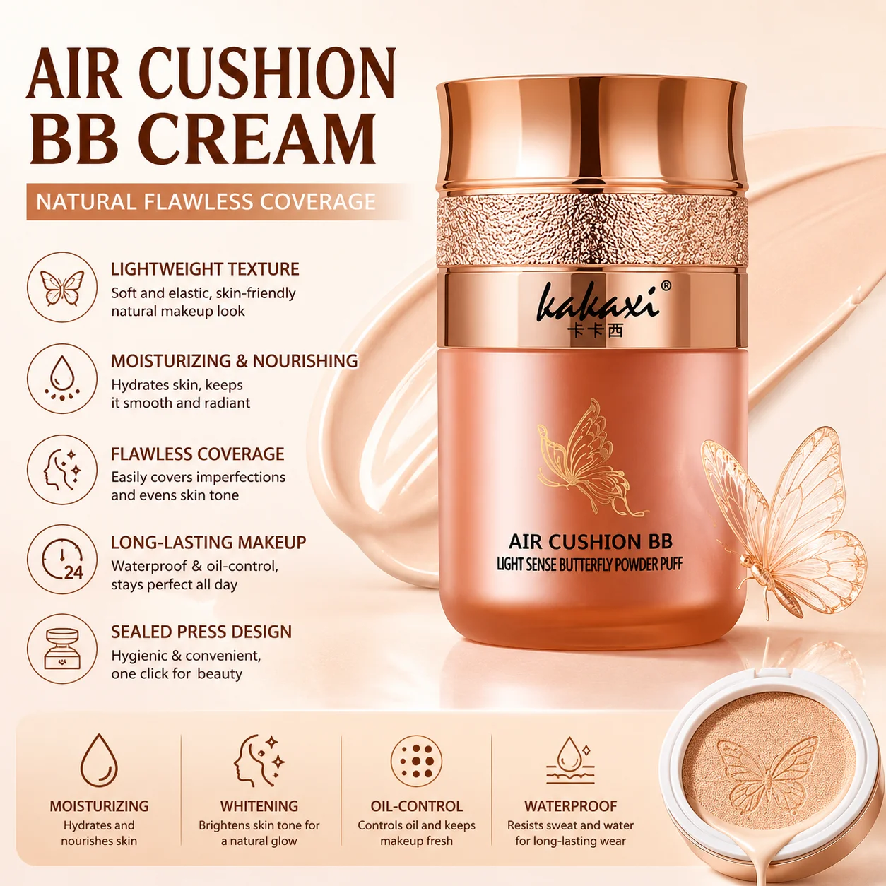 Moisturizing Air Cushion BB Cream Foundation Concealer Whitening Oil-control Waterproof Butterfly Powder Puff Makeup Cosmetics