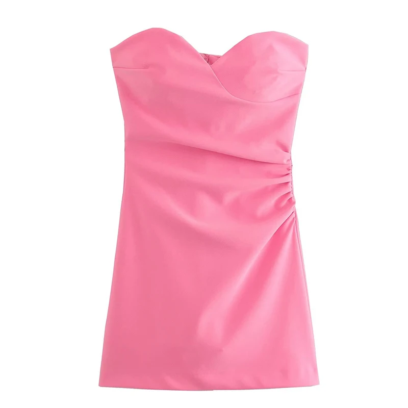 YENKYE New Fashion Women Pink Ruched Strapless Dress Sleeveless Back Zipper Female Party Mini Sexy Vestidos