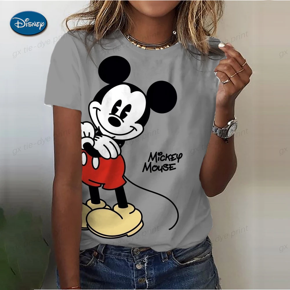 Kawaii Mickey Mouse T-shirts Women Black Tops Ladies Casual Vintage O Neck T-shirt Korean Style Harajuku Clothing Top Y2k