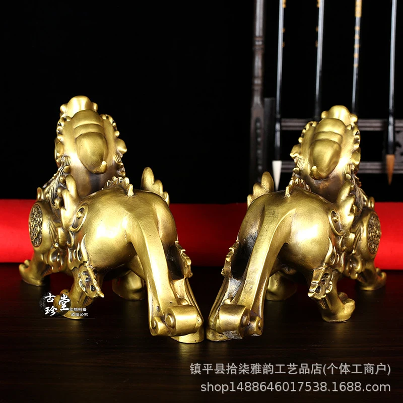 Copper Money Flying Pixiu Figurines, a pair of large and small winged Pixiu, bringing wealth from all directions, home entrance