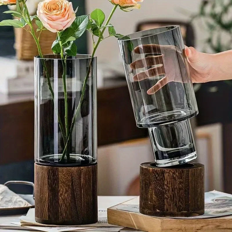 

Nordic style elegant glass vase with wooden base, suitable for living room, tabletop, and floral decoration