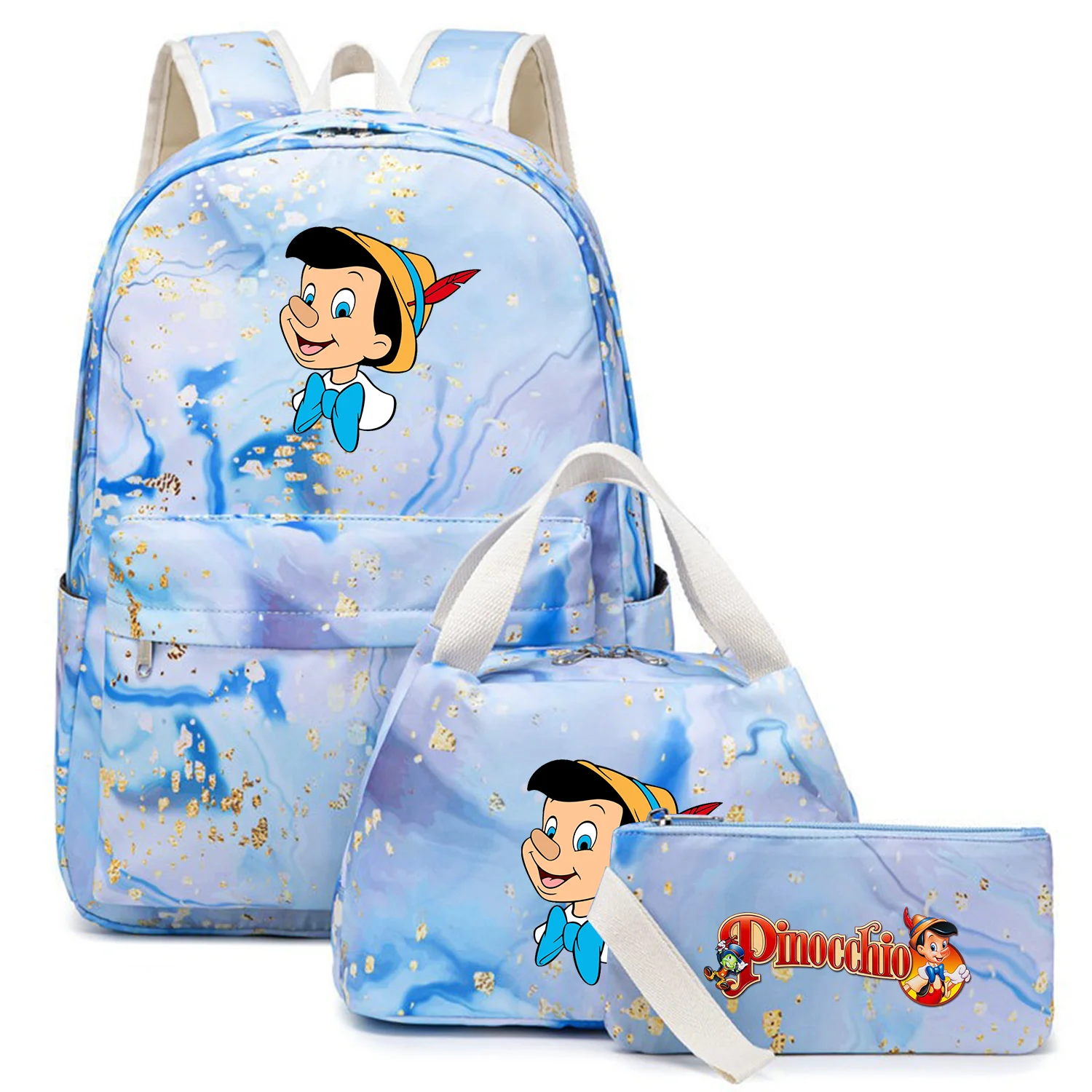 

3Pcs/Set Pinocchio Kids Backpack Large Capacity Student Waterproof Schoolbag Boys Girls Pen Lunch Bags Travel Mochila