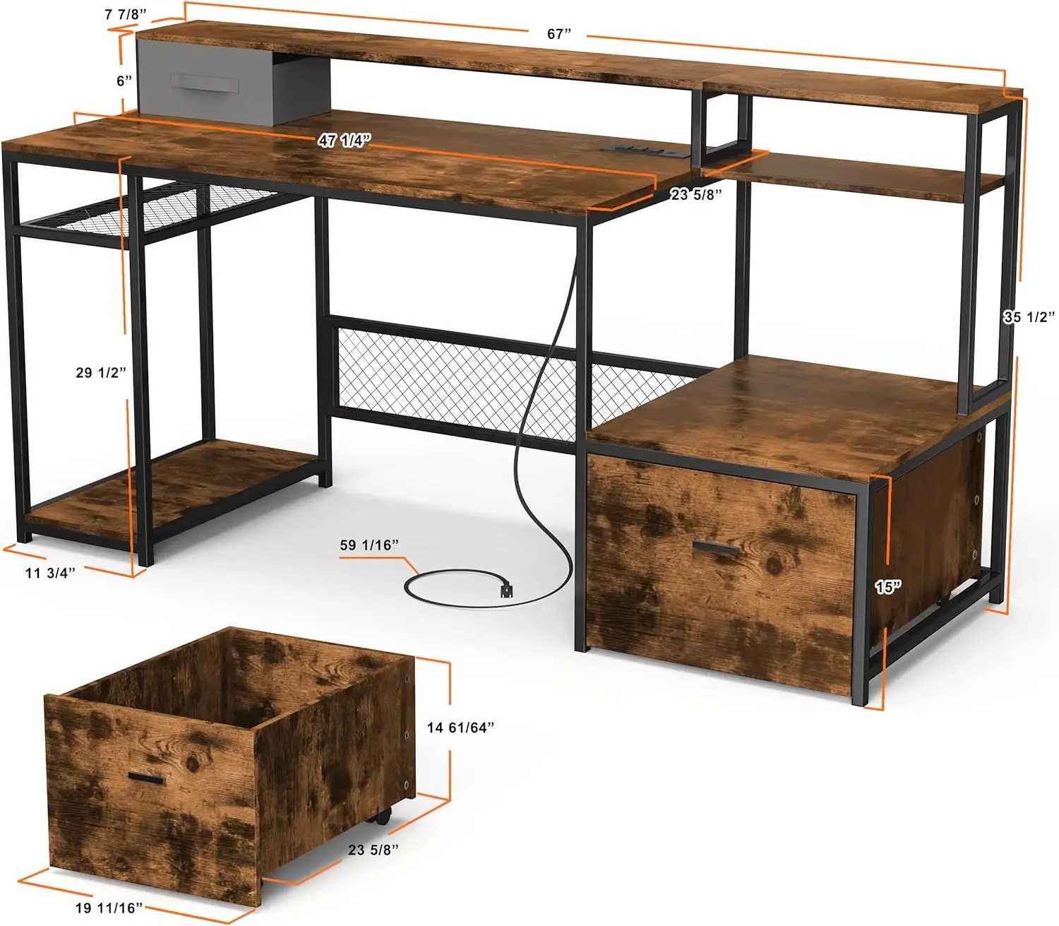Home Office Desk With Monitor Stand Shelf, 66 Inch Large Computer Desk With Power Outlet And USB Charging Port, Table Wit