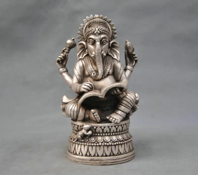 

China Tibet Silver Buddhism Elephant Ganesha God of Wealth Statue