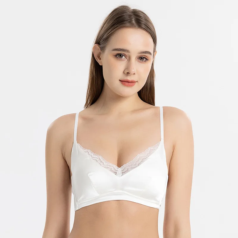 BirdTree, 93%Natural Silk Sexy Bra, Women Lace Wireless Large Chest, Thin French Comfortable Underwear, 2024 Summer New P45581QC