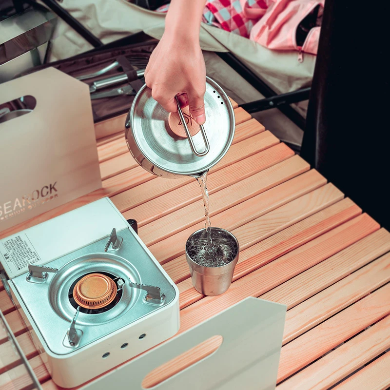 الظهر مخيم الفولاذ المقاوم للصدأ مقبض قابل للطي الطبخ المحمولة طقم أواني الطبخ في الهواء الطلق موقد وعاء الطبخ عموم مجموعة للتخييم