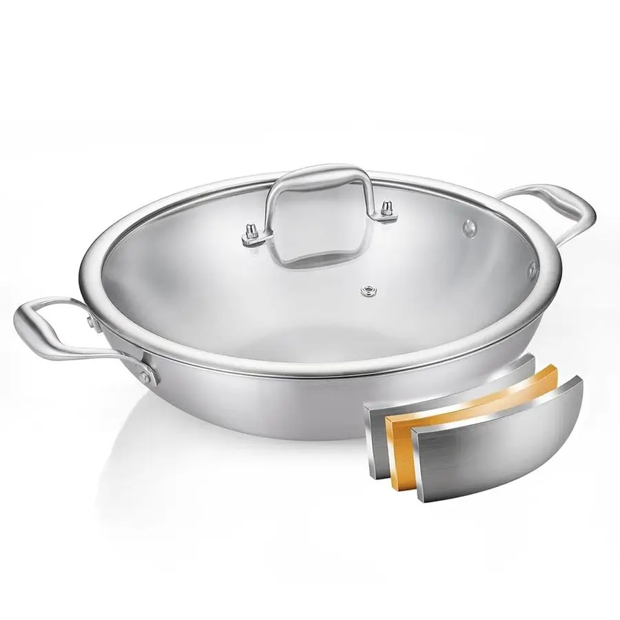 Wok de acero inoxidable de triple capa con base plana, sartén de 13 pulgadas con tapa, sartén grande y duradera, sartén para saltear con calentamiento rápido y uniforme, antiadherente.
