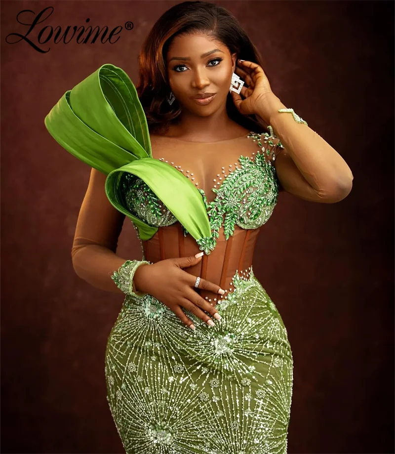 Elegant Green African Mermaid Prom Dress For Black Women 2024 Customize Aso Ebi Long Sleeves Evening Gowns Plus Size Party Dress